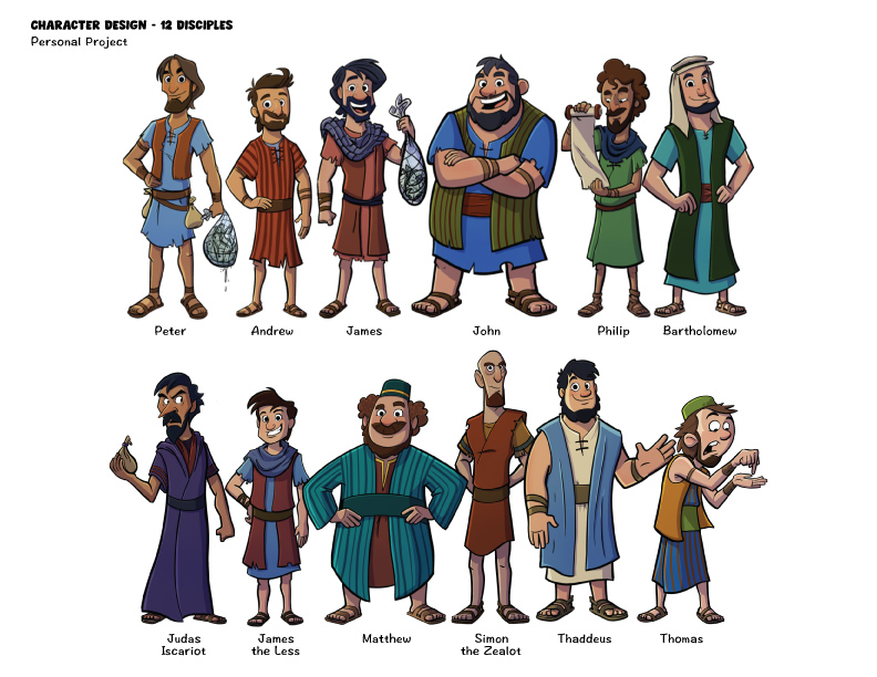 Complete character design turnaround sheet showing all 12 Disciples in ancient clothing with individual poses and expressions for a personal Bible project. Illustrated by Brad Smith.