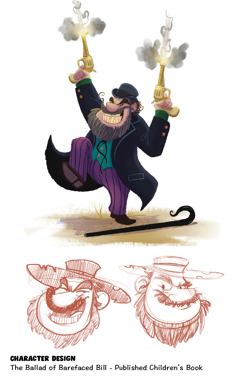 Full character design of Barefaced Bill with color pose and expression studies from the published children’s book The Ballad of Barefaced Bill. Illustrated by Brad Smith.