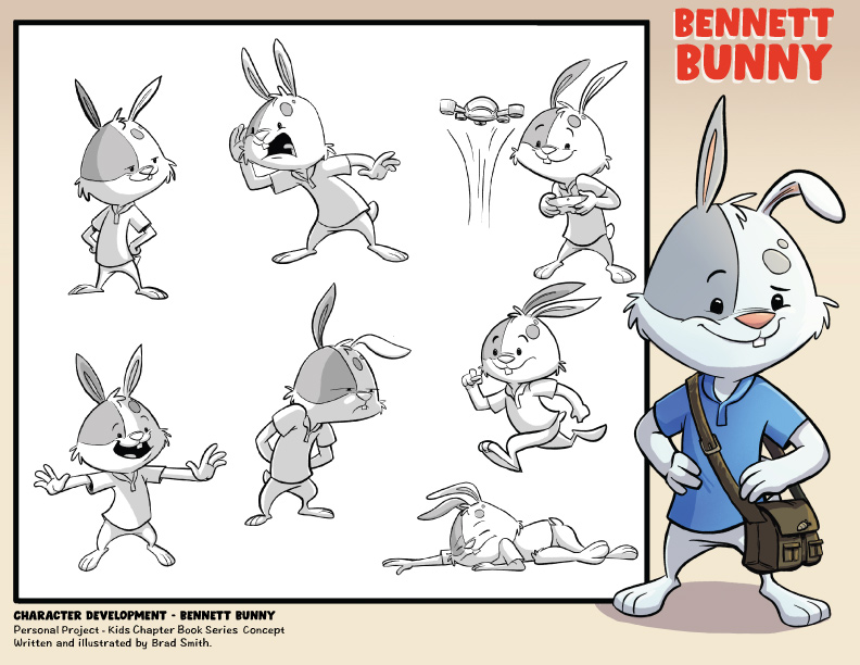 Character design turnaround sheet for Bennett Bunny showing multiple poses, gestures, and expressions from the Briarwood Hollow kids chapter book series concept, illustrated by Brad Smith.