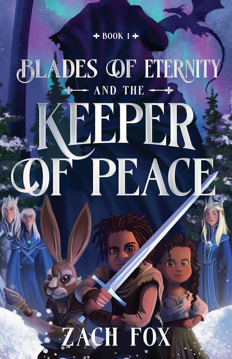 Award-winning book cover for Blades of Eternity and the Keeper of Peace featuring rabbit, boy, and girl characters with a glowing sword. 2025 Good Book Mom Award winner. Client: Harvest House Publishing. Illustrated by Brad Smith.