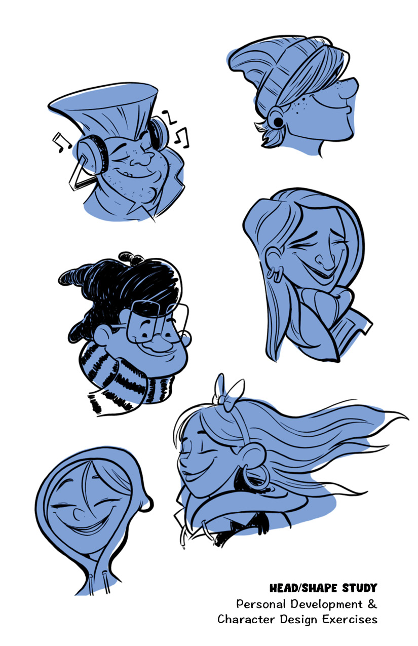 Blue-toned head and shape studies exploring expressive character design for children’s books and animation. Illustrated by Brad Smith.