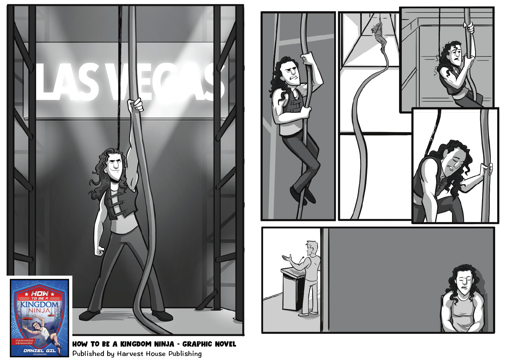 Full two-page interior spread layout from the published graphic novel How to Be a Kingdom Ninja showing the climbing sequence with the book cover inset at bottom left. Client: Harvest House Publishing. Illustrated by Brad Smith.