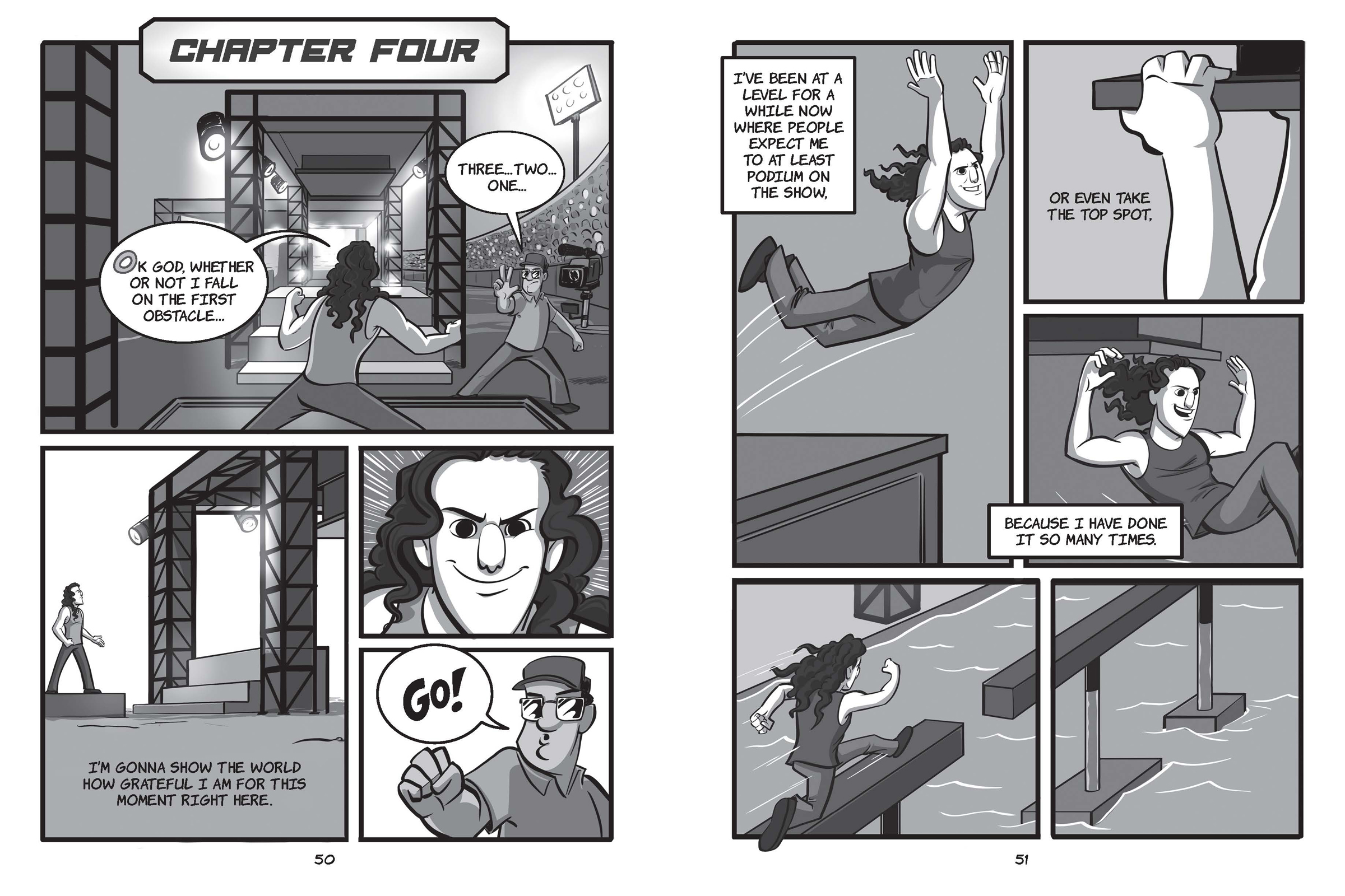 Interior comic pages 50–51 from the published graphic novel How to Be a Kingdom Ninja showing the main character climbing and overcoming obstacles with dialogue. Client: Harvest House Publishing. Illustrated by Brad Smith.