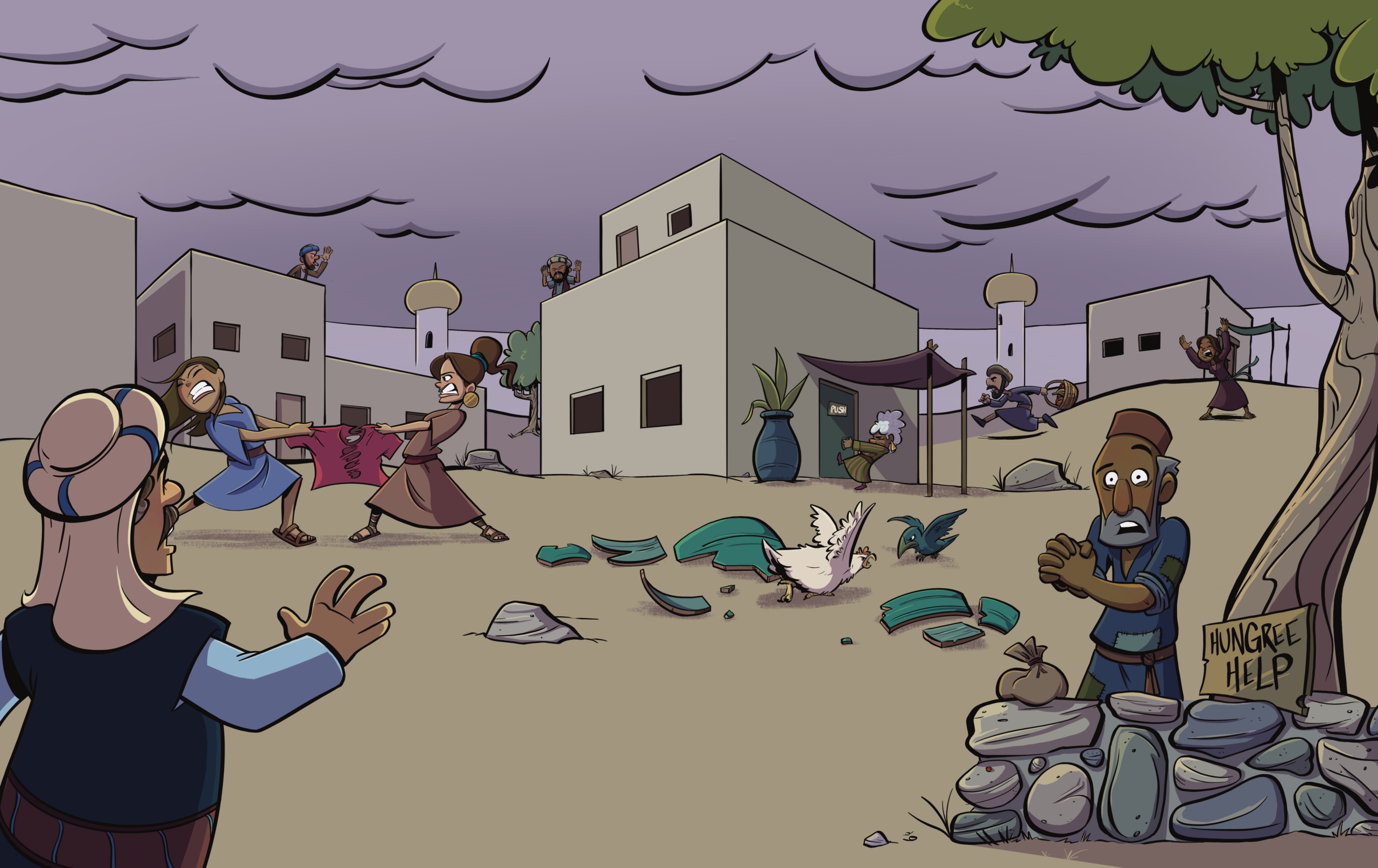 Full-color double-page spread from the published picture book The Farmer Who Chose to Plant Kindness showing villagers, Jesus, and a family under a tree at sunset. Client: Harvest House Publishing. Illustrated by Brad Smith.