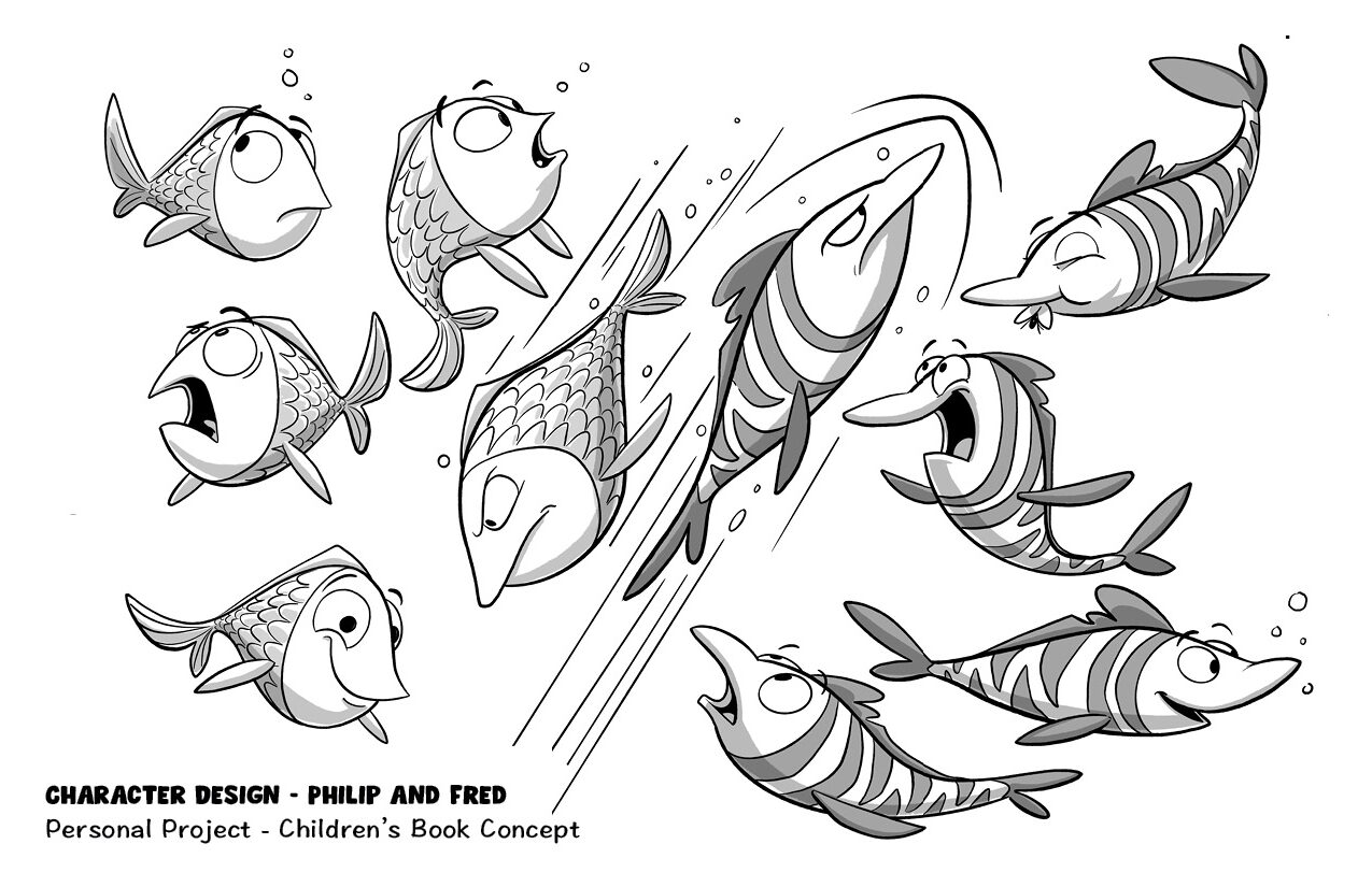 Black-and-white character design sheet for Philip and Fred fish characters showing multiple swimming poses and expressions for a children’s book concept. Illustrated by Brad Smith.
