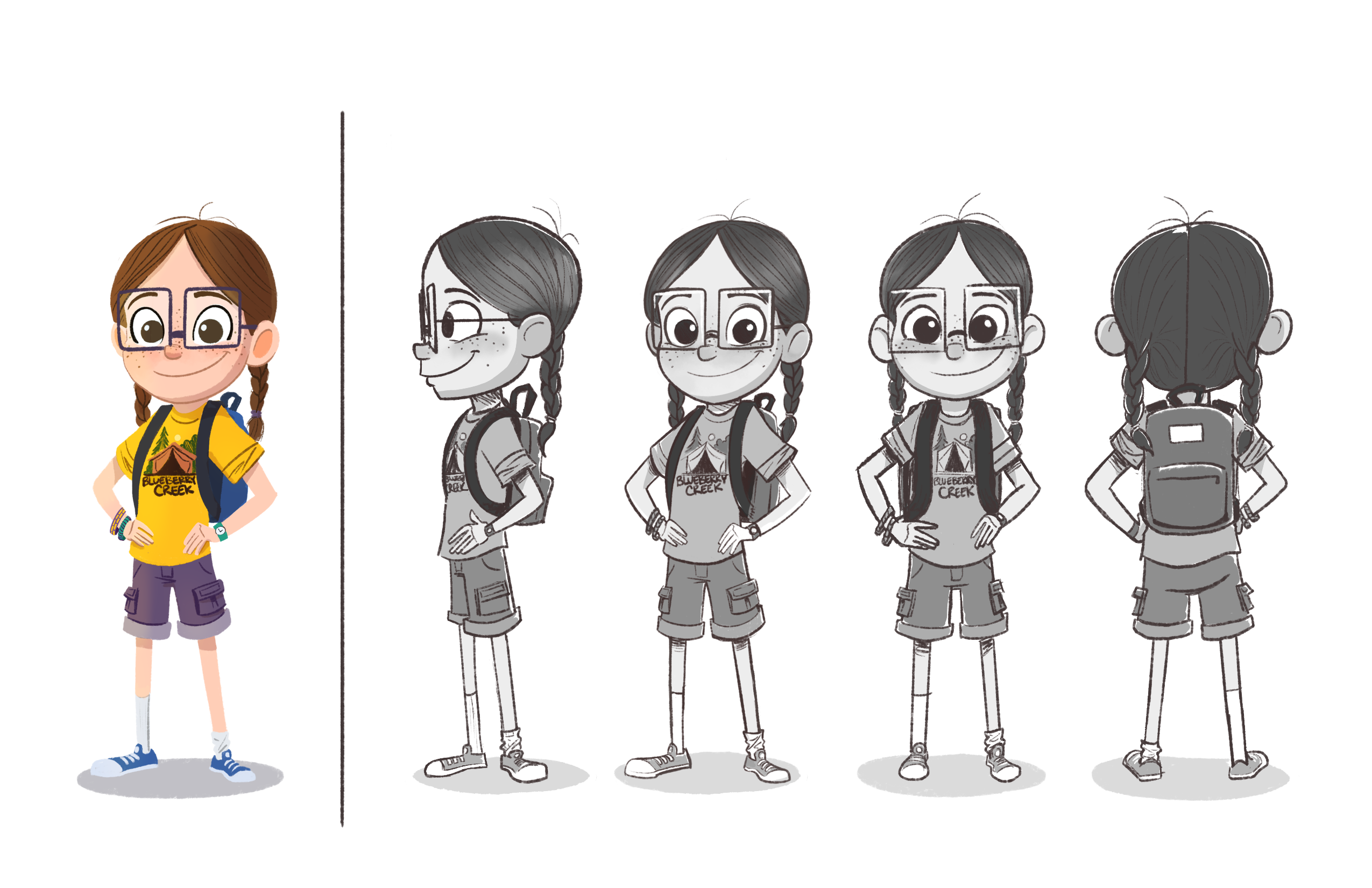 Full character turnaround sheet for Scout from the Scout & Barnaby Mysteries chapter book series showing multiple poses and expressions. Illustrated by Brad Smith.