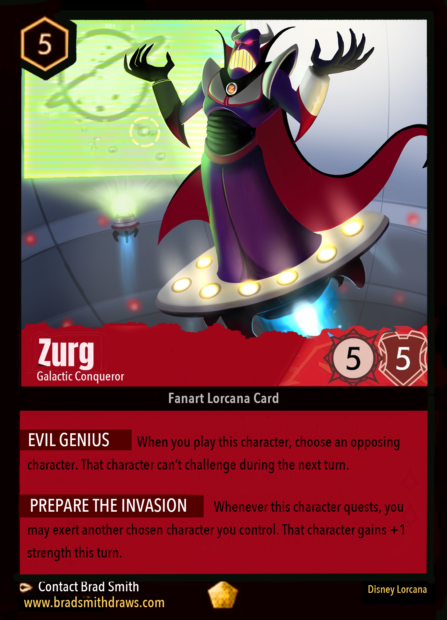 Digital illustration of Emperor Zurg floating on a hovering platform inside a futuristic command center, painted in the style of a Disney Lorcana trading card.