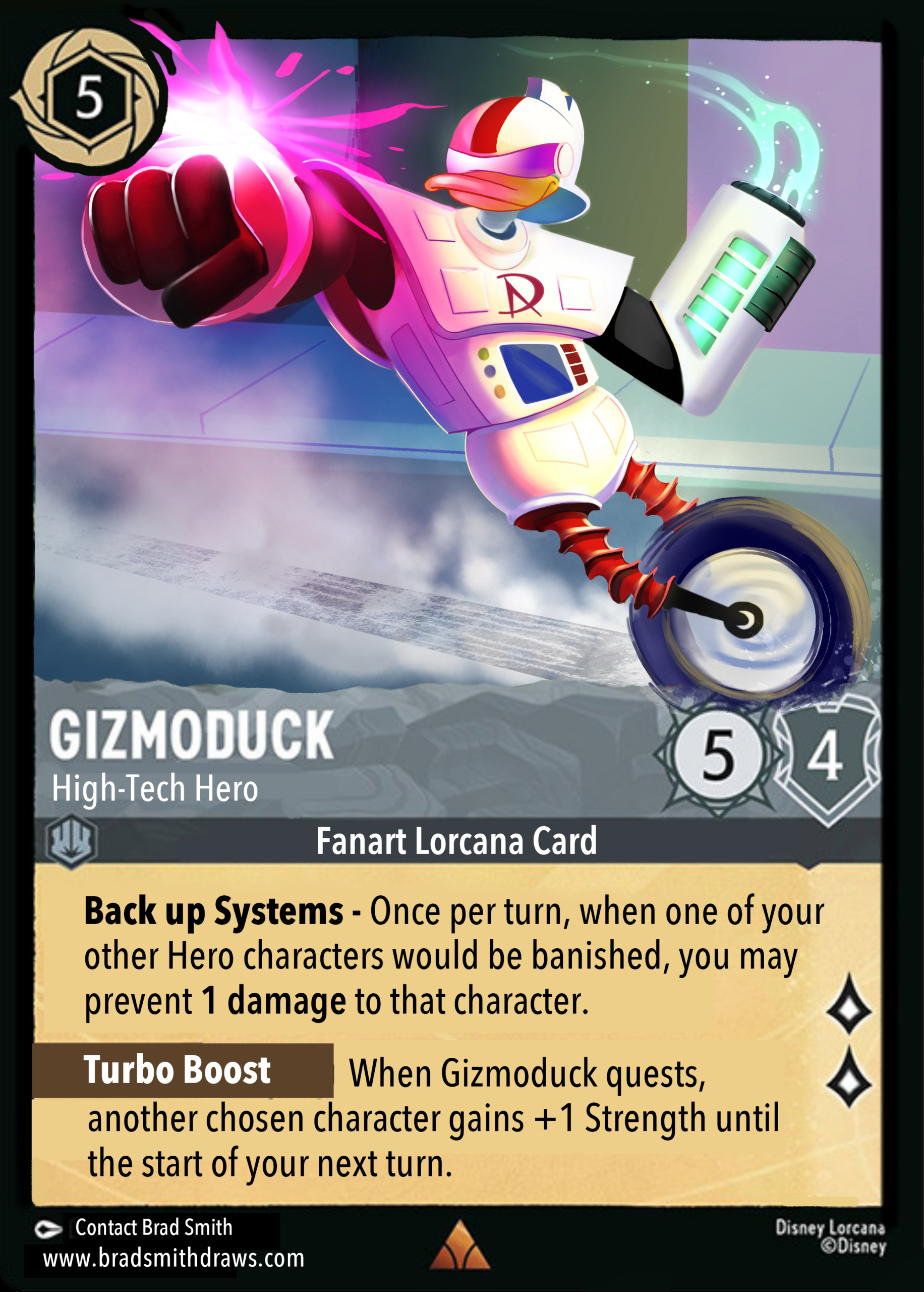 Digital illustration of Gizmoduck charging forward on his unicycle while firing an energized punch, created in the style of a Disney Lorcana trading card.