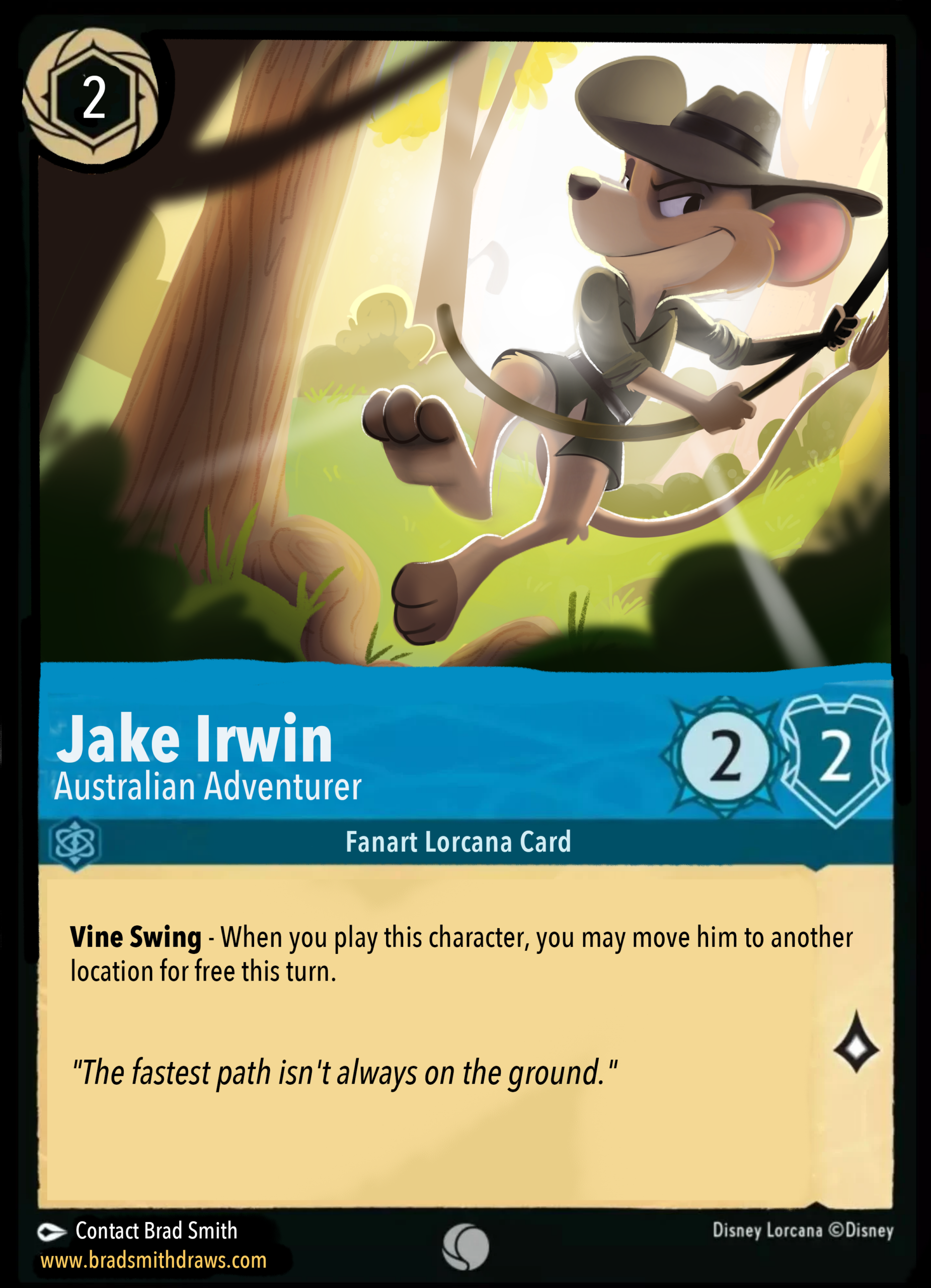 Digital illustration of Jake Irwin from The Resurers Down Under swinging with his whip through the Australian jungle, painted in the style of a Disney Lorcana trading card.