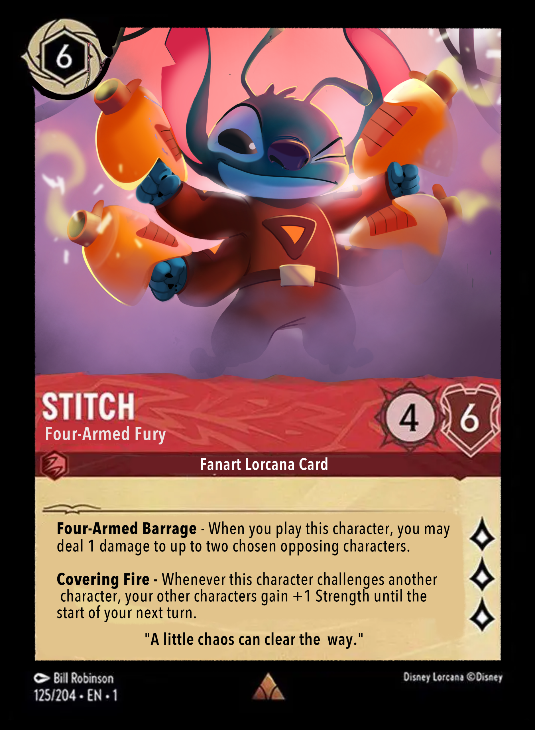 Digital illustration of Stitch wearing his red battle suit with four arms, standing in swirling smoke as his blasters spark after firing, with dramatic backlighting in a Disney Lorcana-inspired trading card style.